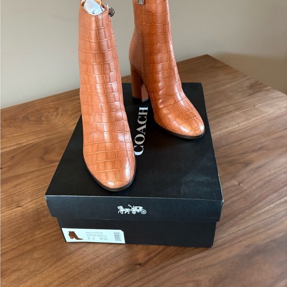 Coach Women's Brown Croc-Embossed Heeled Boots - Picture 1 of 1